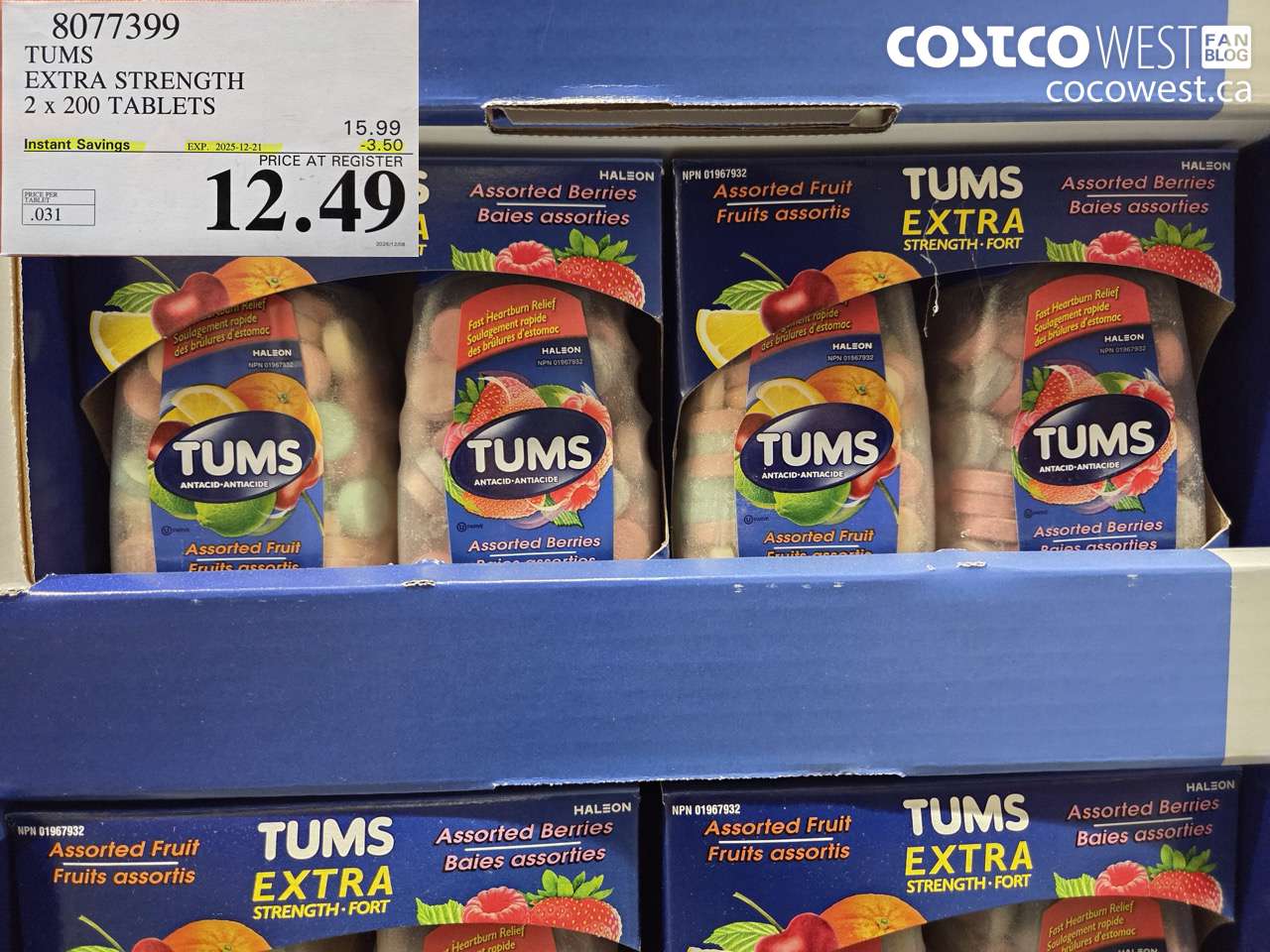 8077399 TUMS EXTRA STRENGTH 2 X 200 TABLETS ($3.50 INSTANT SAVINGS EXPIRES ON 2025-12-21) $12.49