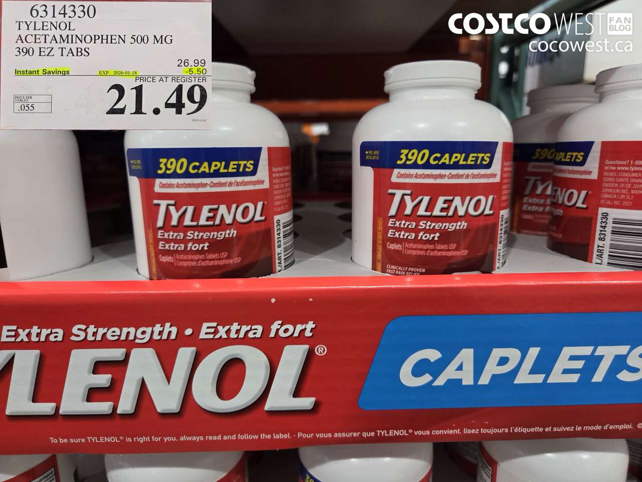 6314330 TYLENOL ACETAMINOPHEN 500MG 390 EZ TABS ($5.50 INSTANT SAVINGS EXPIRES ON 2026-01-18) $21.49