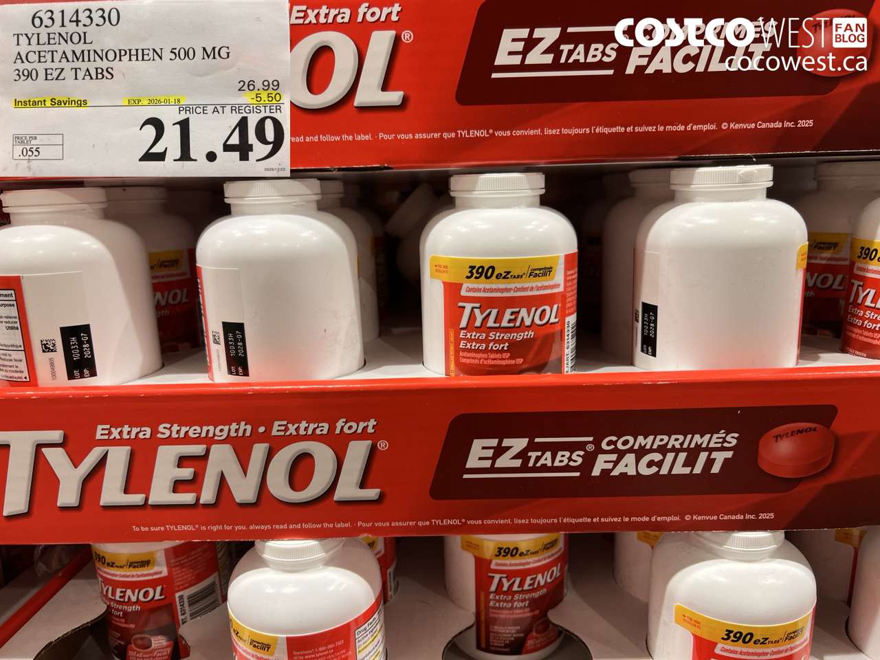 6314330 TYLENOL ACETAMINOPHEN 500MG 390 EZ TABS ($5.50 INSTANT SAVINGS EXPIRES ON 2026-01-18) $21.49