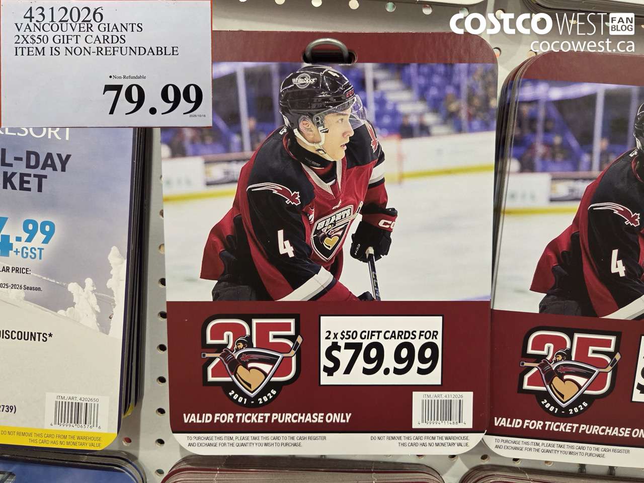 4312026 VANCOUVER GIANTS 2 X $50 GIFT CARDS $79.99