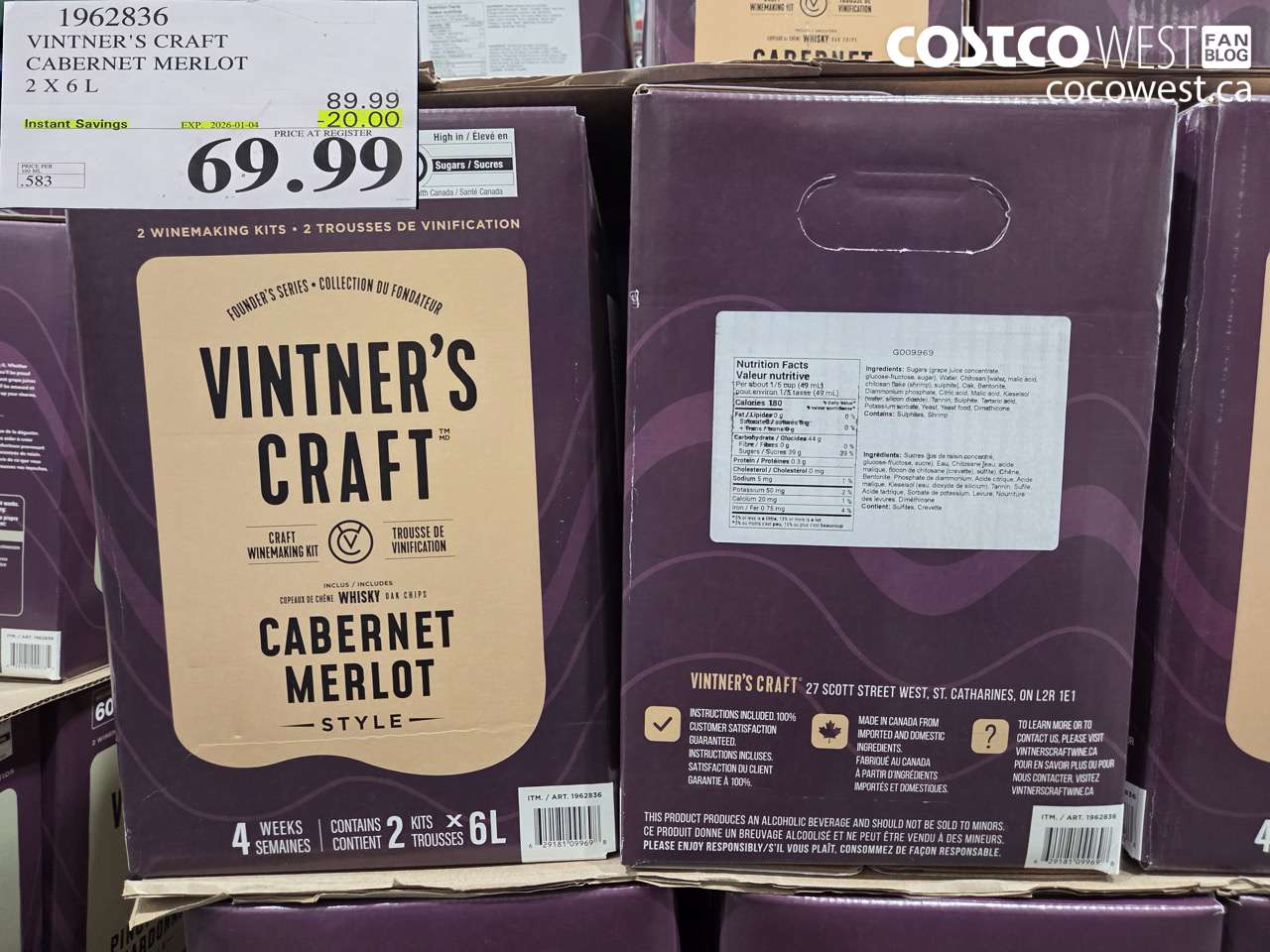 1962836 VINTER'S CRAFT CABERNET MERLOT 2 X 6L ($20.00 INSTANT SAVINGS EXPIRES ON 2026-01-04) $69.99