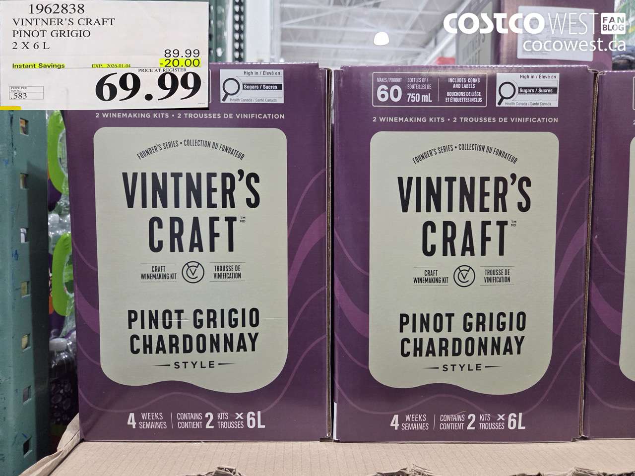 1962838 VINTNER'S CRAFT PINOT GRIGIO 2 X 6L ($20.00 INSTANT SAVINGS EXPIRES ON 2026-01-04) $69.99
