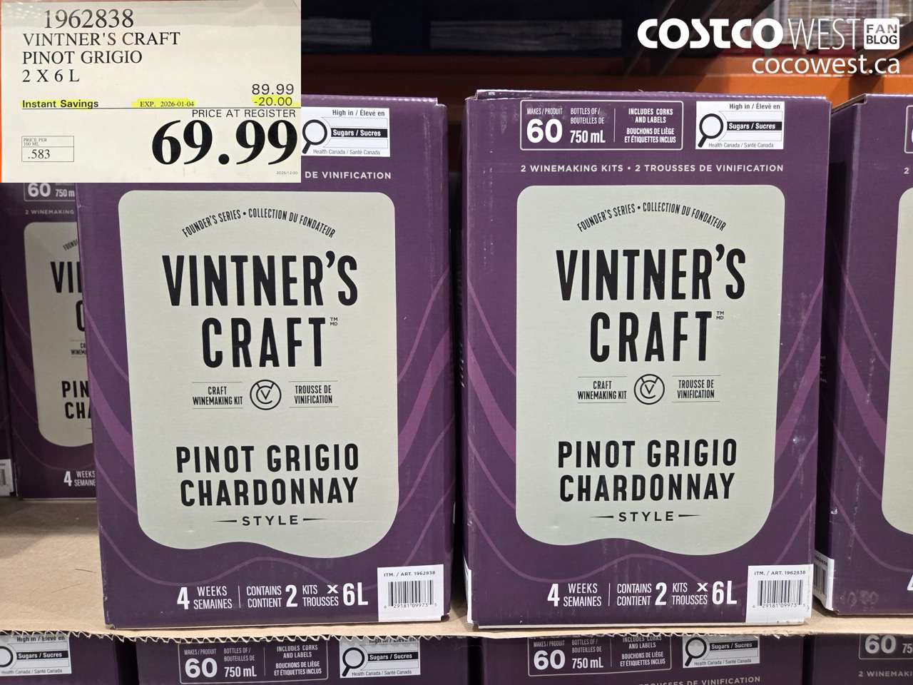 1962838 VINTNER'S CRAFT PINOT GRIGIO 2 X 6L ($20.00 INSTANT SAVINGS EXPIRES ON 2026-01-04) $69.99
