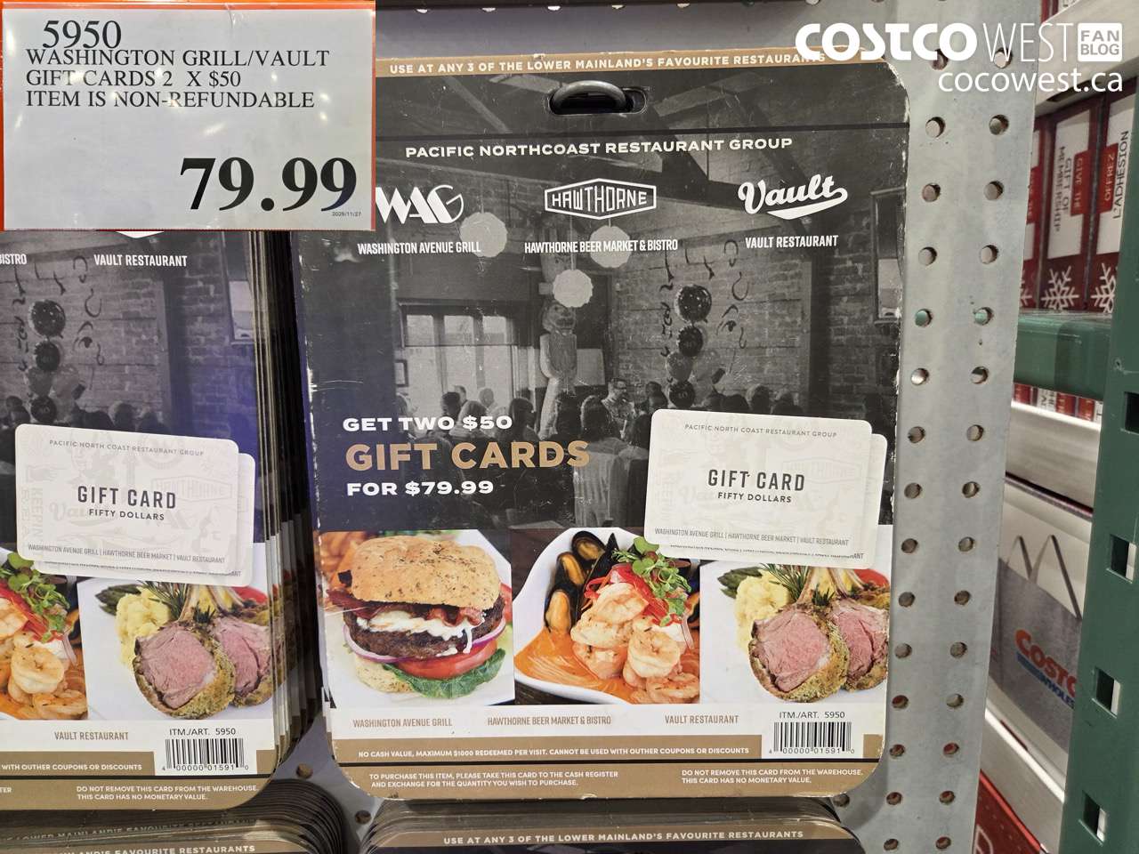 5950 WASHINGTON GRILL VAULT RESTAURANT GIFT CARD 2 X $50  $79.99