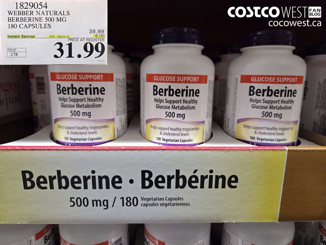 1829054 WEBBER NATURALS BERBERINE 500MG X 180 CAPSULES ($8.00 INSTANT SAVINGS EXPIRES ON 2026-01-18) $31.99