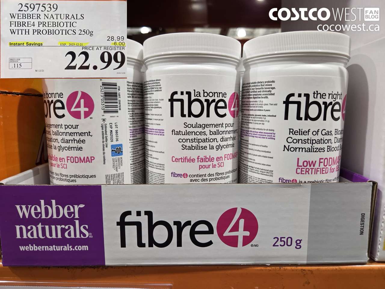 2597539 WEBBER NATURALS FIBRE4 PREBIOTIC WITH PROBIOTICS 250G ($6.00 INSTANT SAVINGS EXPIRES ON 2025-12-21) $22.99