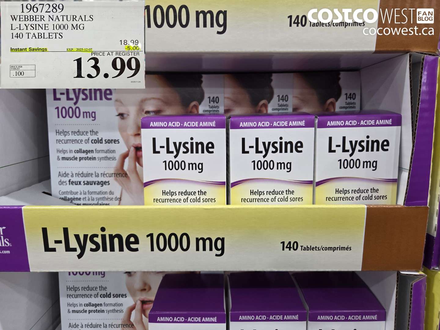 1967289 WEBBER NATURALS L-LYSINE 1000 MG 140 TABLETS ($5.00 INSTANT SAVINGS EXPIRES ON 2025-12-07) $13.99