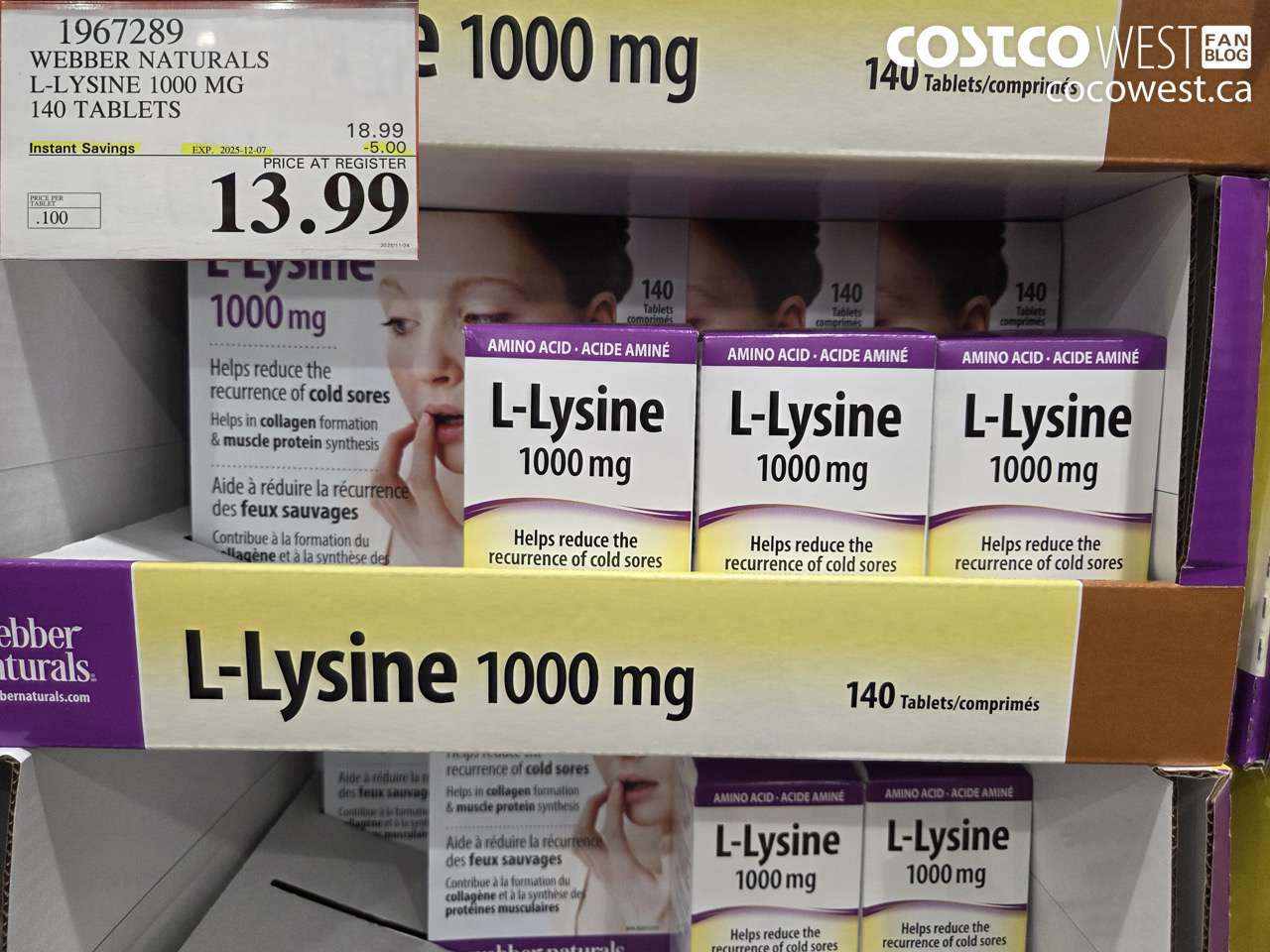 1967289 WEBBER NATURALS L-LYSINE 1000 MG 140 TABLETS ($5.00 INSTANT SAVINGS EXPIRES ON 2025-12-07) $13.99