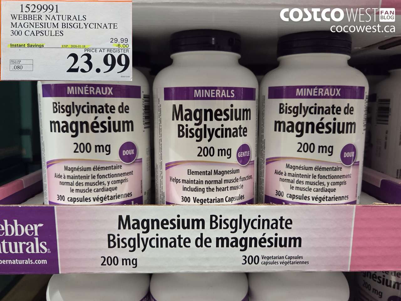 1529991 WEBBER NATURALS MAGNESIUM BISGLYCINATE 200MG 300 CAPSULES ($6.00 INSTANT SAVINGS EXPIRES ON 2026-01-18) $23.99