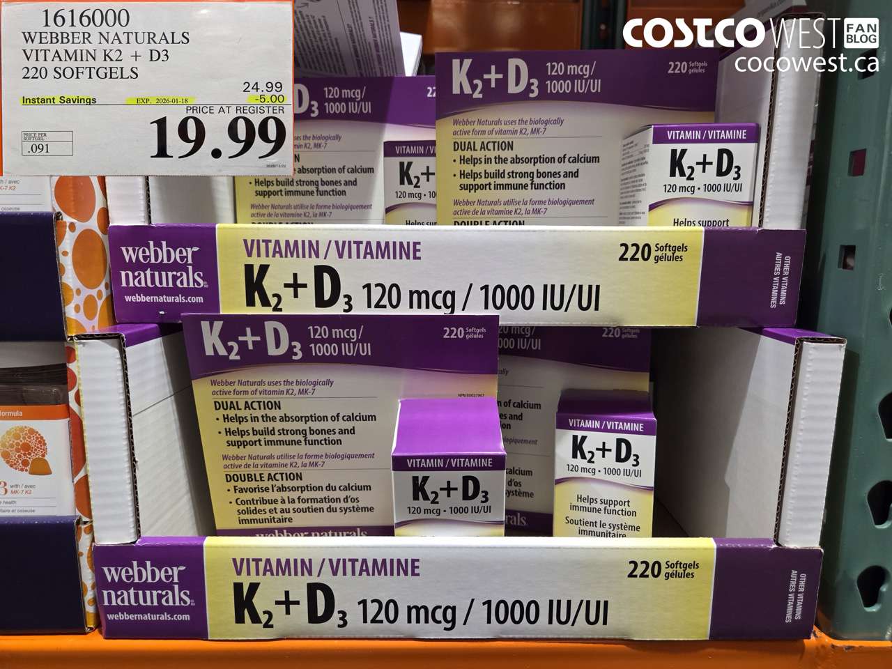 1616000 WEBBER NATURALS VITAMIN K2+D3 220 SOFTGELS ($5.00 INSTANT SAVINGS EXPIRES ON 2026-01-18) $19.99