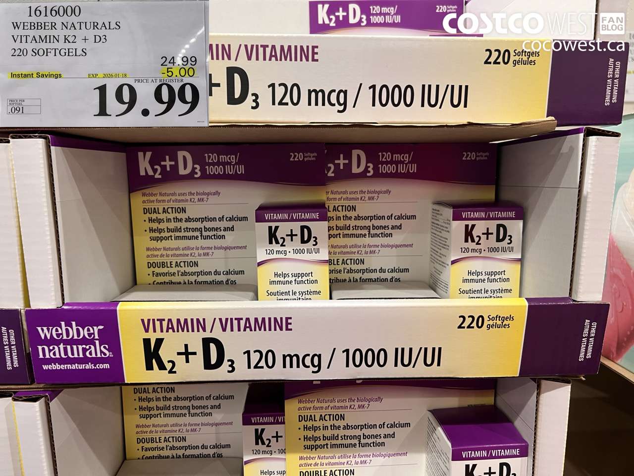 1616000 WEBBER NATURALS VITAMIN K2+D3 220 SOFTGELS ($5.00 INSTANT SAVINGS EXPIRES ON 2026-01-18) $19.99