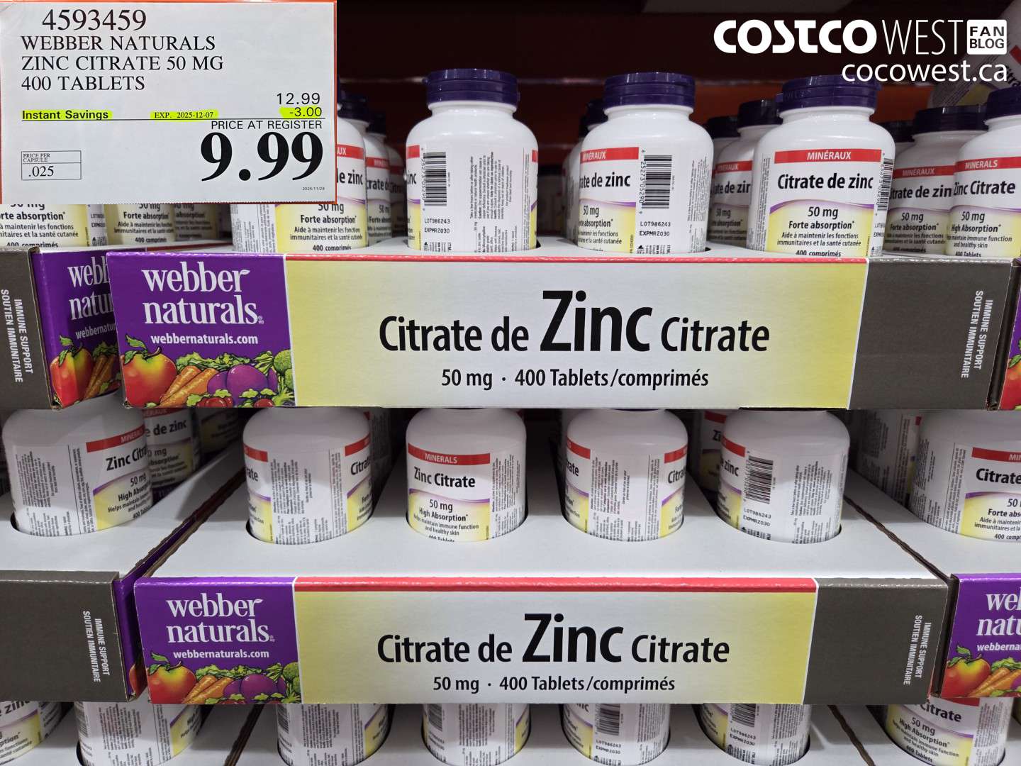 4593459 WEBBER NATURALS ZINC CITRATE 50MG 400 TABLETS ($3.00 INSTANT SAVINGS EXPIRES ON 2025-12-07) $9.99