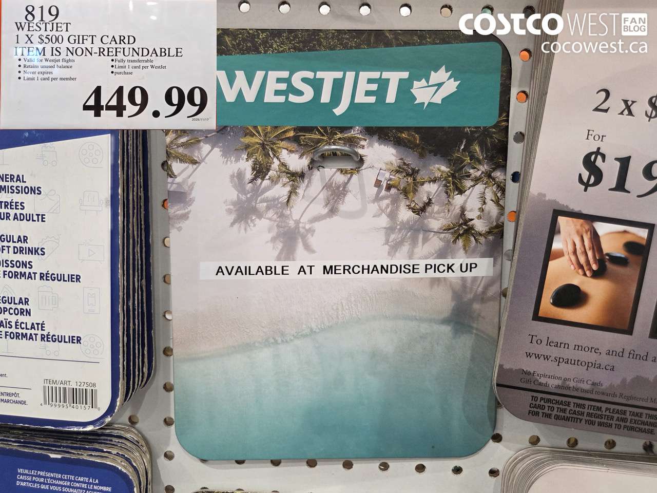 819 WESTJET $500 GIFT CARD NON-REFUNDABLE $449.99