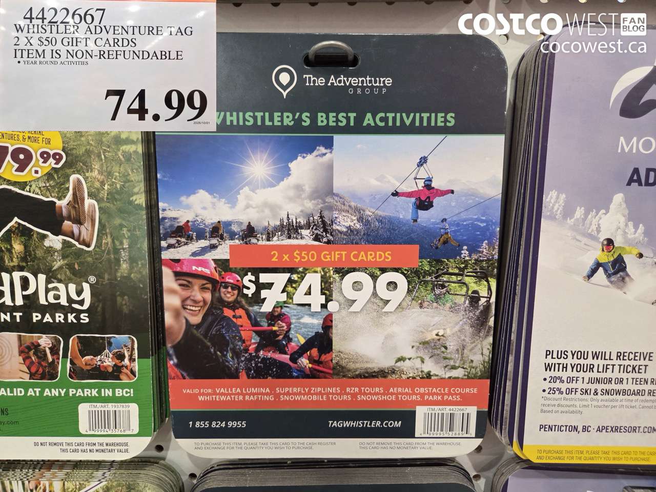 4422667 WHISTLER ADVENTURE TAG 2 X$50 GIFT CARDS $74.99