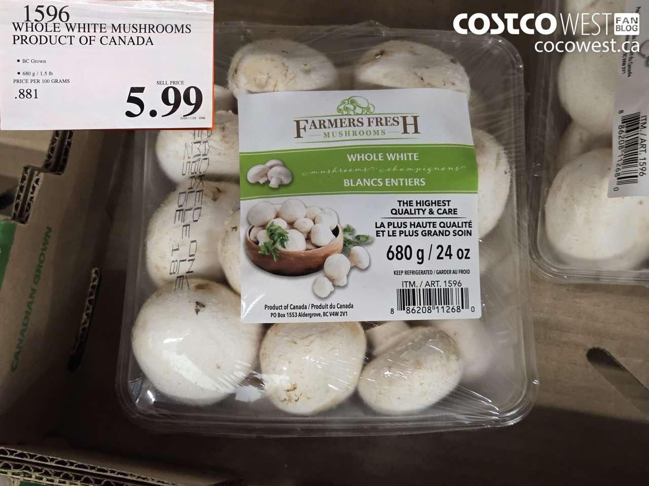 1596 WHOLE WHITE MUSHROOMS PRODUCT OF CANADA $5.99