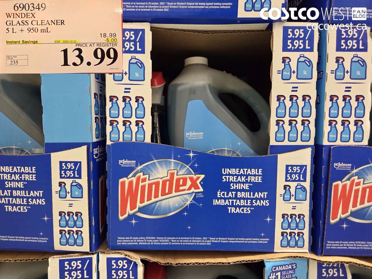 690349 WINDEX GLASS CLEANER 5L + 950ML ($5.00 INSTANT SAVINGS EXPIRES ON 2025-12-21) $13.99