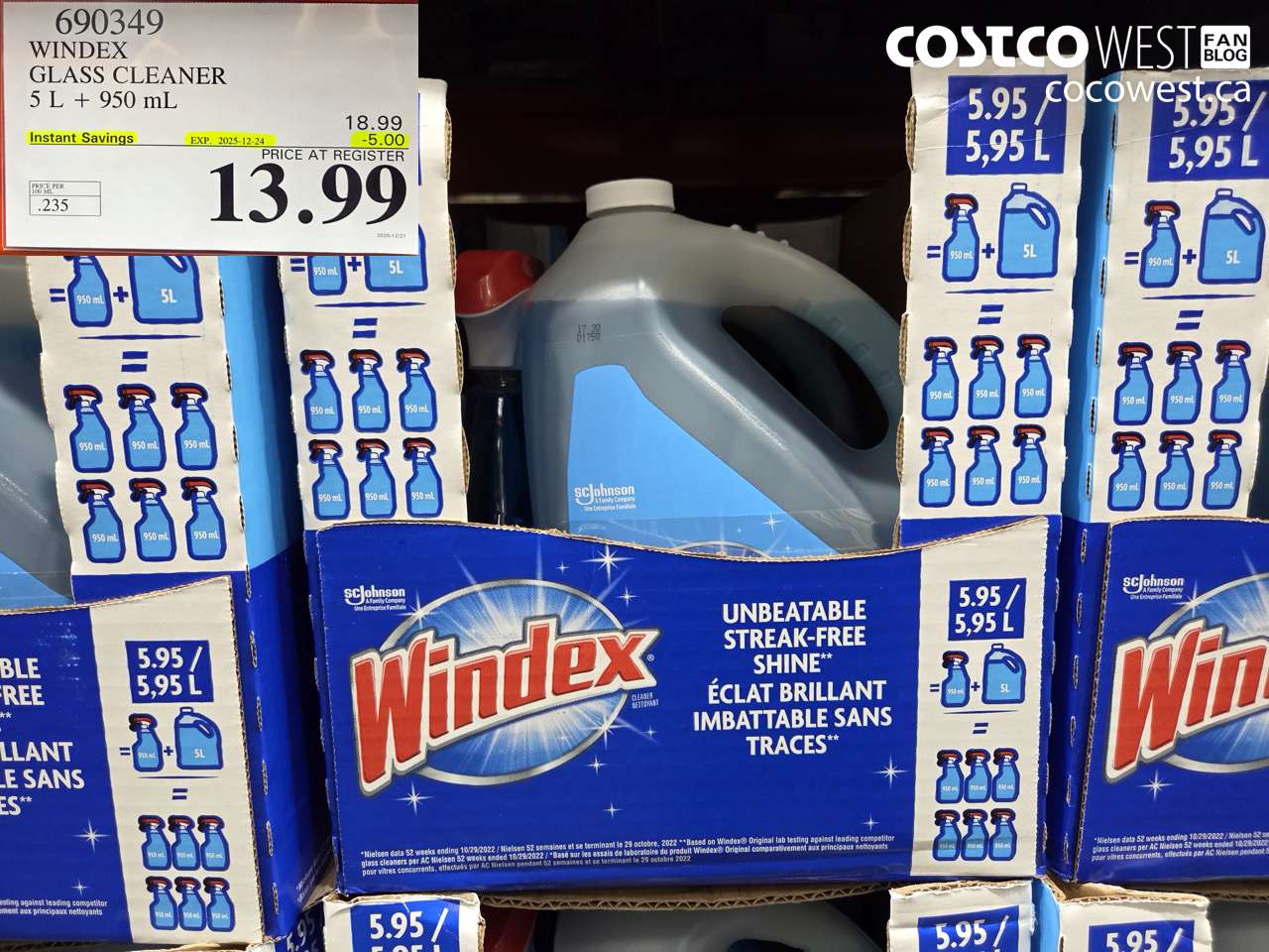 690349 WINDEX GLASS CLEANER 5L + 950ML ($5.00 INSTANT SAVINGS EXPIRES ON 2025-12-24) $13.99
