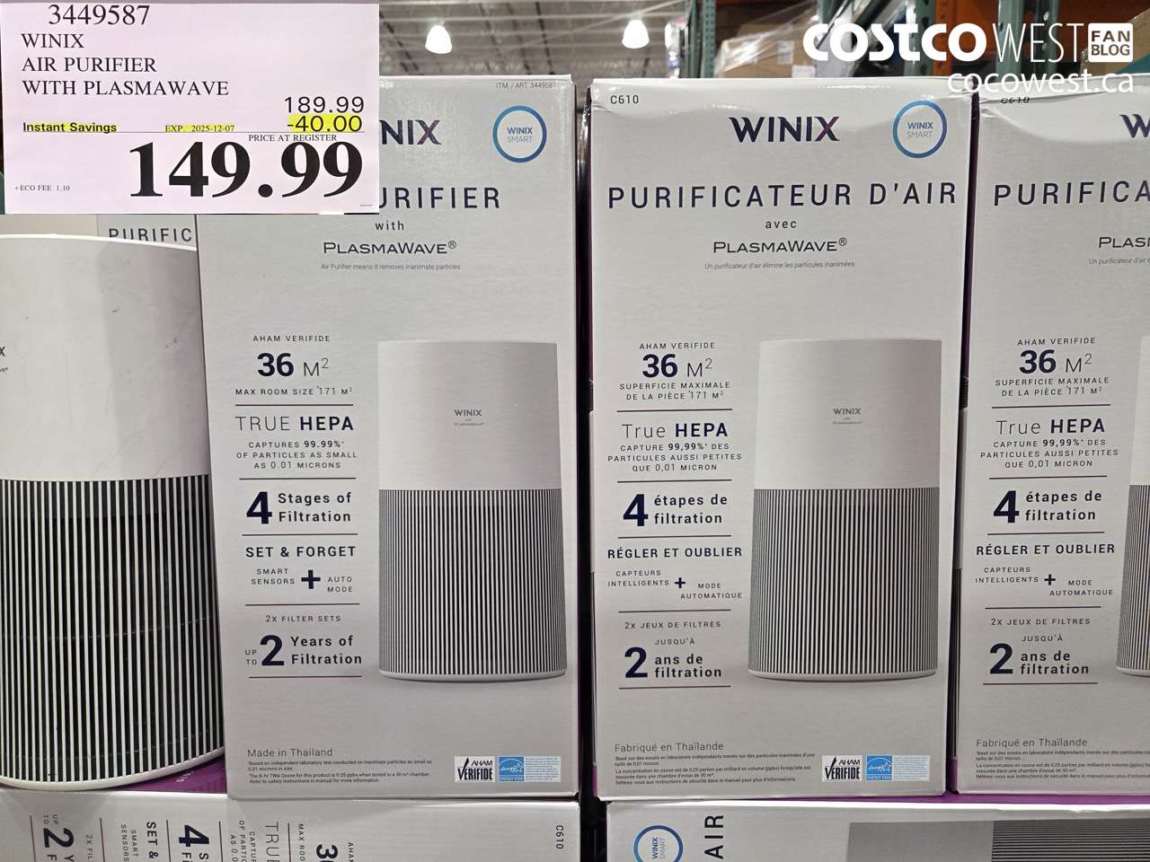 3449587 WINIX AIR PURIFIER WITH PLASMAWAVE ($40.00 INSTANT SAVINGS EXPIRES ON 2025-12-07) $149.99