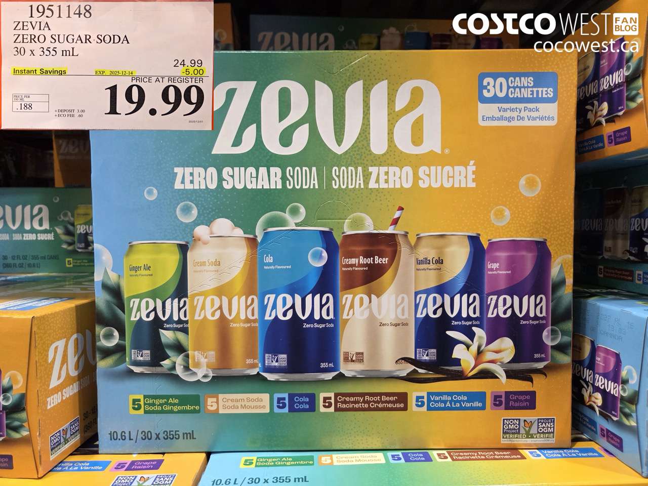 1951148 ZEVIA ZERO SUGAR SODA 30 x 355 mL ($5.00 INSTANT SAVINGS EXPIRES ON 2025-12-14) $19.99