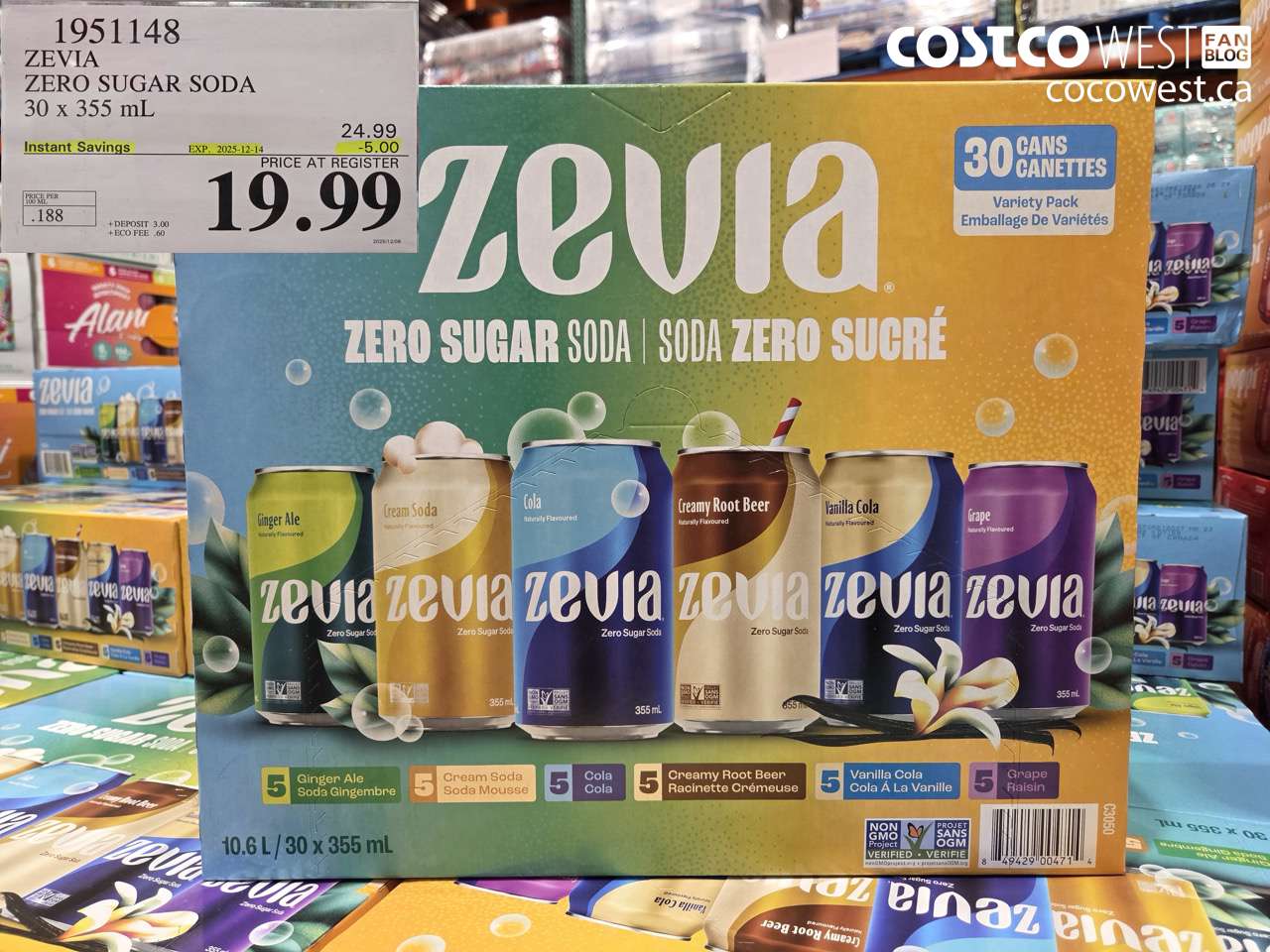 1951148 ZEVIA ZERO SUGAR SODA 30 x 355 mL ($5.00 INSTANT SAVINGS EXPIRES ON 2025-12-14) $19.99