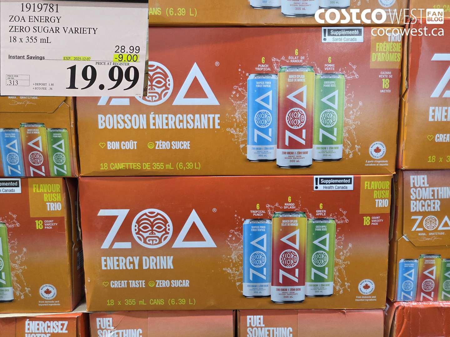 1919781 ZOA ENERGY DRINK 18 x 355 mL ($9.00 INSTANT SAVINGS EXPIRES ON 2025-12-07) $19.99