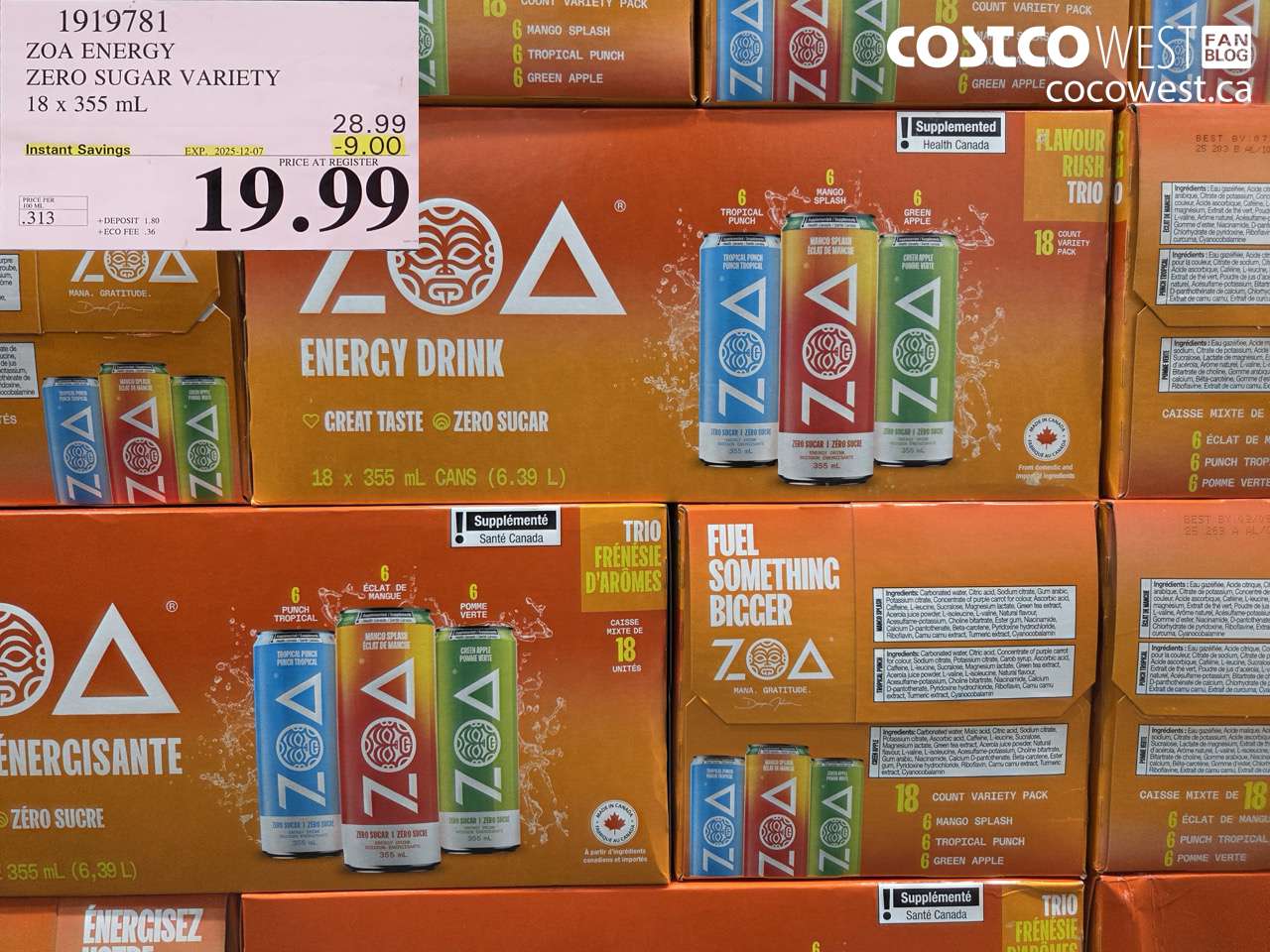 1919781 ZOA ENERGY DRINK 18 x 355 mL ($9.00 INSTANT SAVINGS EXPIRES ON 2025-12-07) $19.99