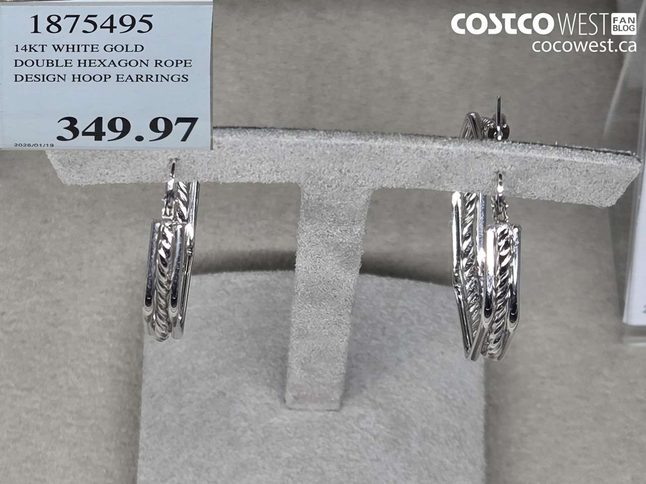 1875495 14KT WHITE GOLD DOUBLE HEXAGON ROPE DESIGN HOOP EARRINGS $349.97