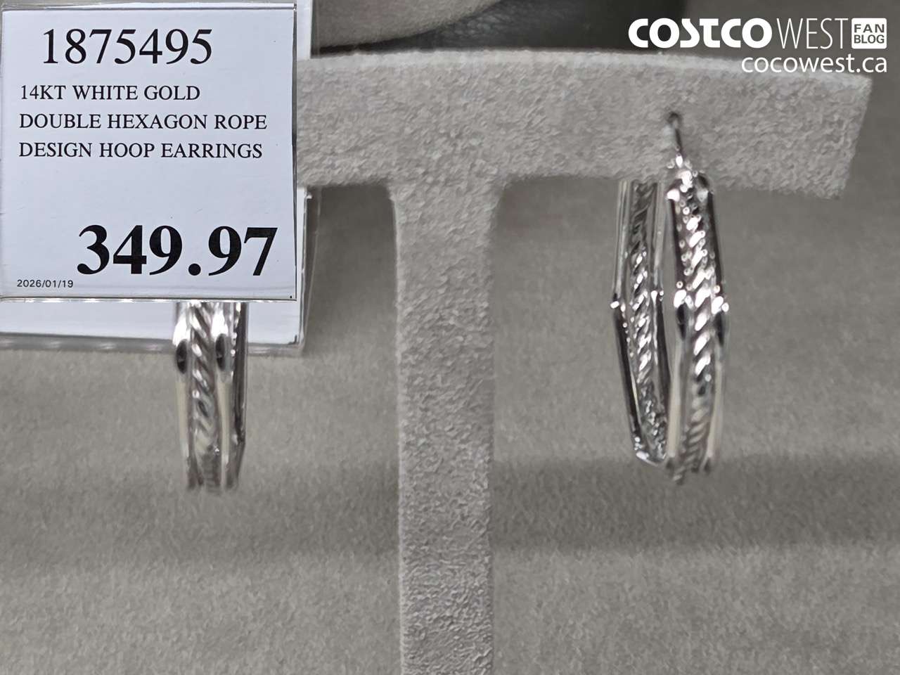 1875495 14KT WHITE GOLD DOUBLE HEXAGON ROPE DESIGN HOOP EARRINGS $349.97