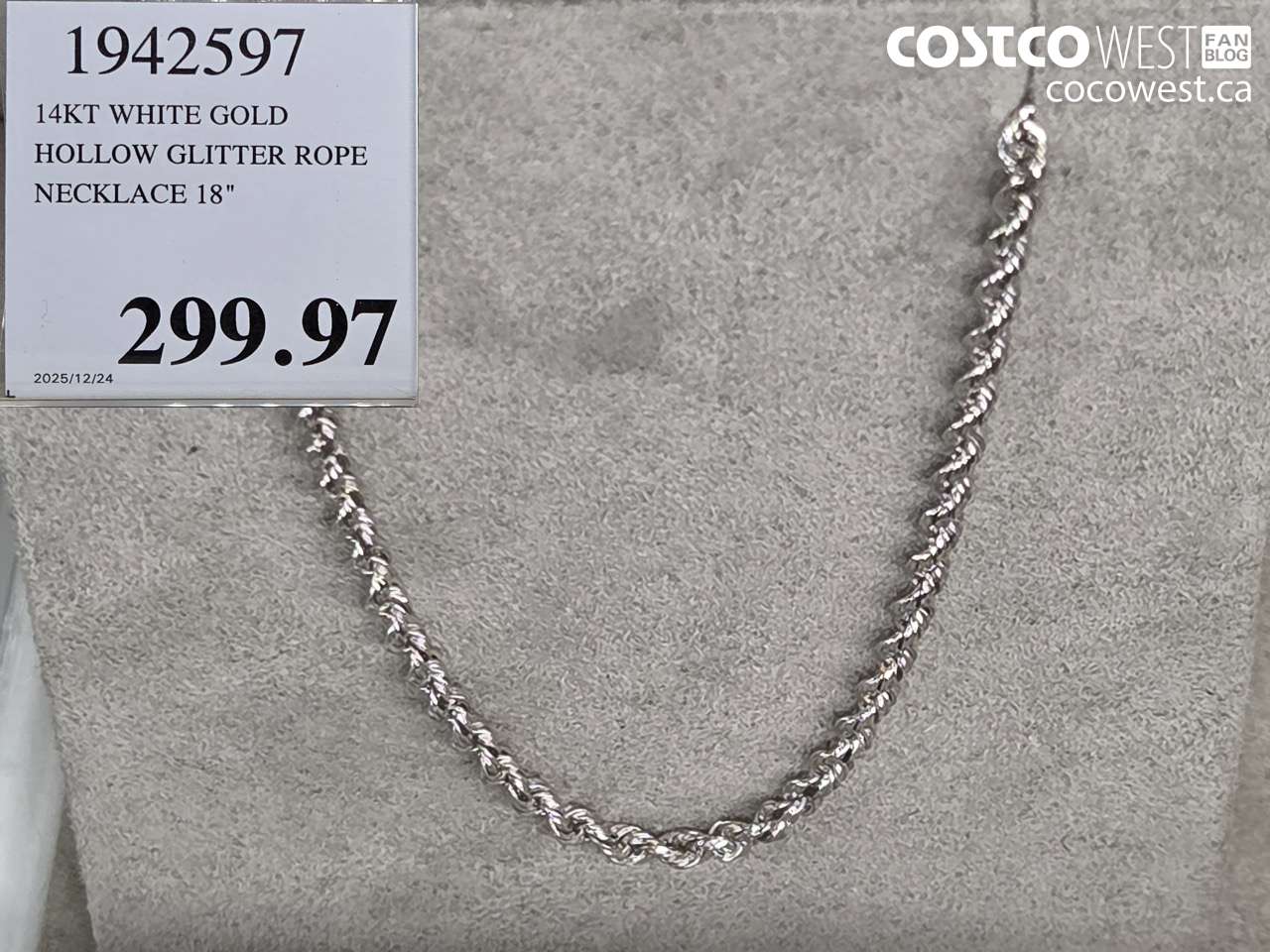 1942597 14KT WHITE GOLD HOLLOW GLITTER ROPE NECKLACE 18
