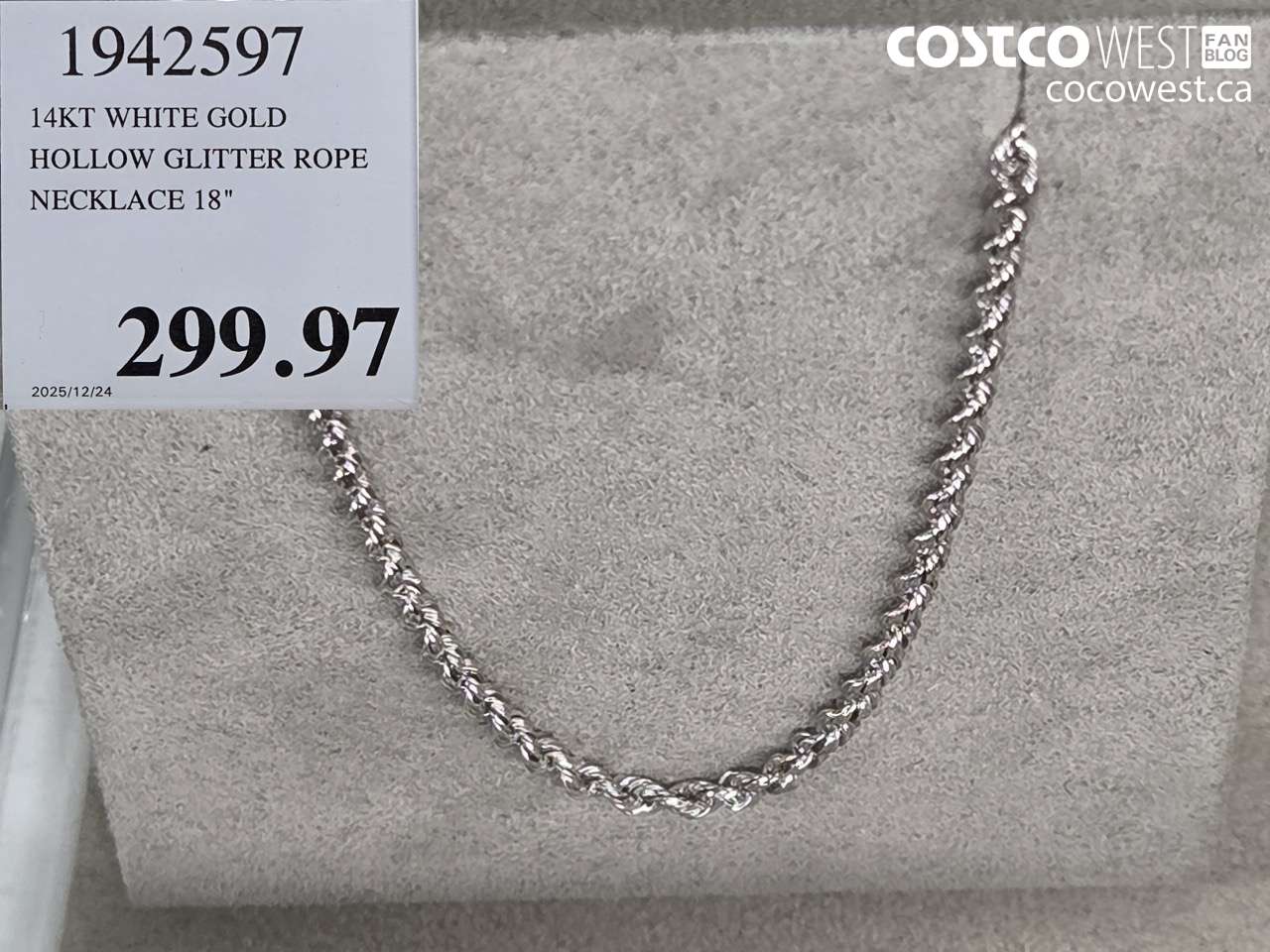 1942597 14KT WHITE GOLD HOLLOW GLITTER ROPE NECKLACE 18