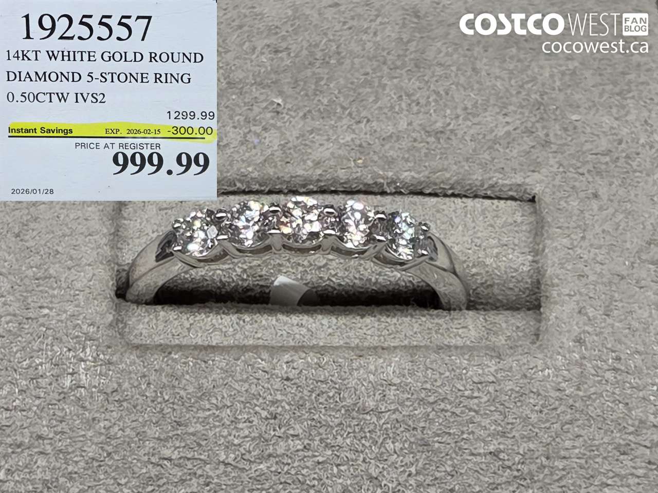 1925557 14KT WHITE GOLD ROUND DIAMOND 5-STONE RING 0.50CTW IVS2 ($300.00 INSTANT SAVINGS EXPIRES ON 2026-02-15) $999.99