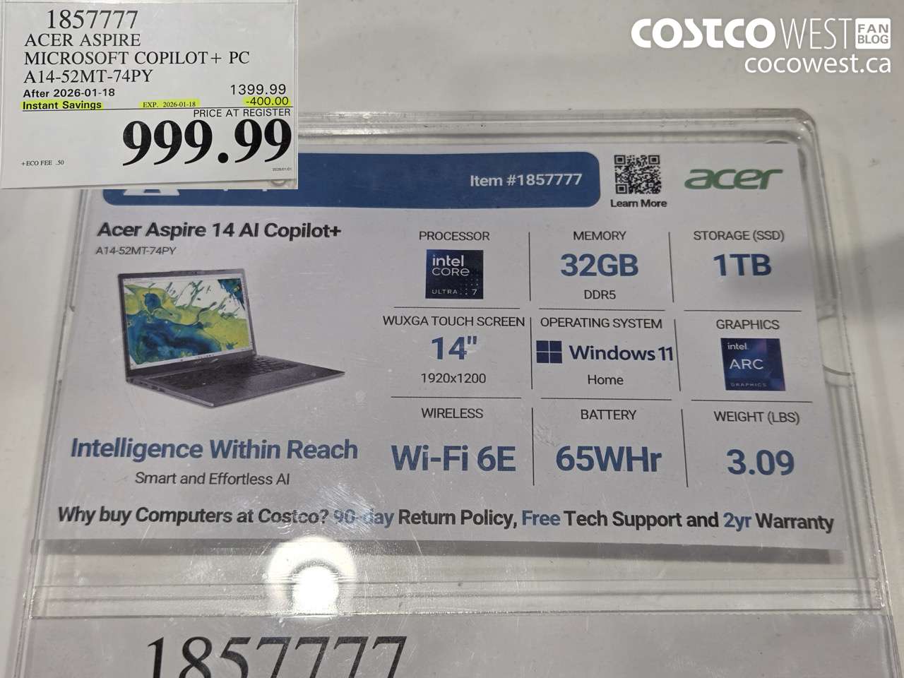 1857777 ACER ASPIRE MICROSOFT COPILOT+ PC A14-52MT-74PY ($400.00 INSTANT SAVINGS EXPIRES ON 2026-01-18) $999.99