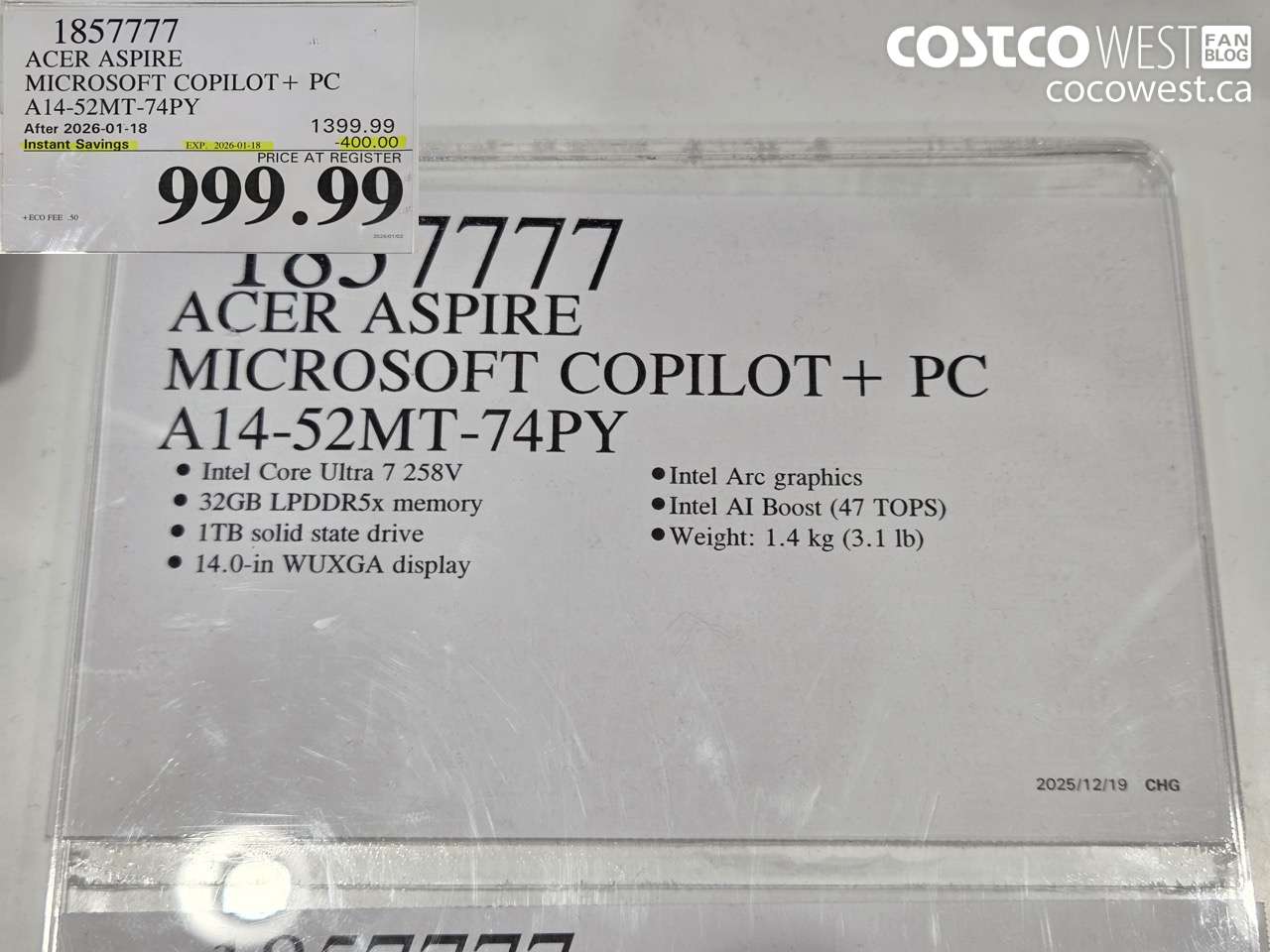 1857777 ACER ASPIRE MICROSOFT COPILOT+ PC A14-52MT-74PY ($400.00 INSTANT SAVINGS EXPIRES ON 2026-01-18) $999.99