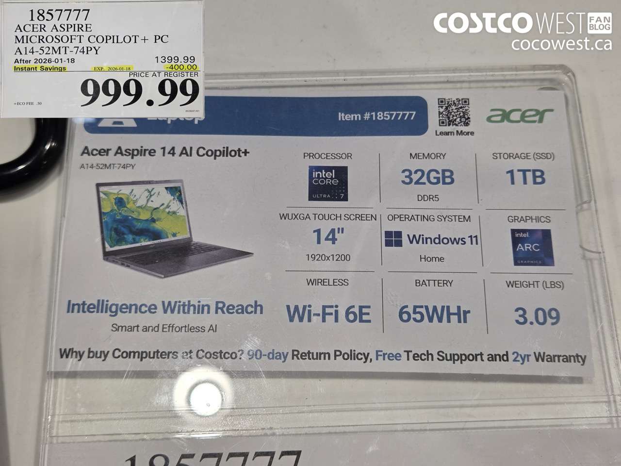 1857777 ACER ASPIRE MICROSOFT COPILOT+ PC A14-52MT-74PY ($400.00 INSTANT SAVINGS EXPIRES ON 2026-01-18) $999.99