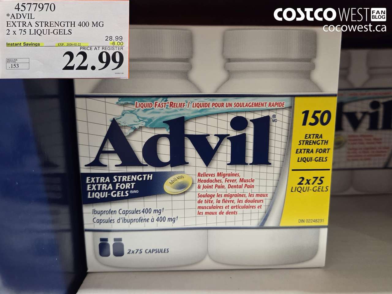 4577970 ADVIL EXTRA STRENGTH 400MG 2 X 75 LIQUI-GELS ($6.00 INSTANT SAVINGS EXPIRES ON 2026-02-22) $22.99