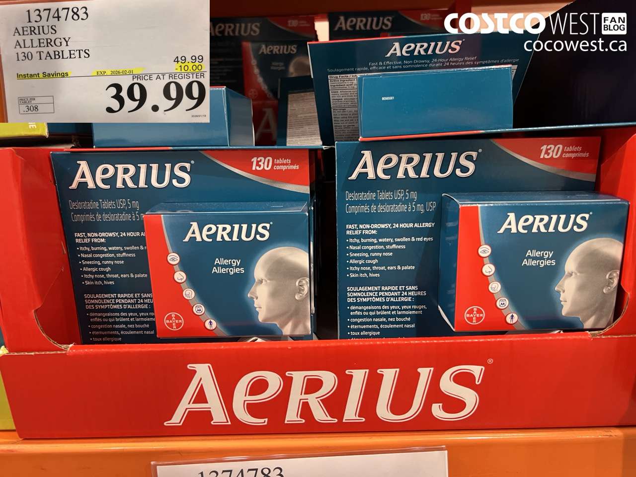 1374783 AERIUS ALLERGY 130 TABLETS ($10.00 INSTANT SAVINGS EXPIRES ON 2026-02-01) $39.99