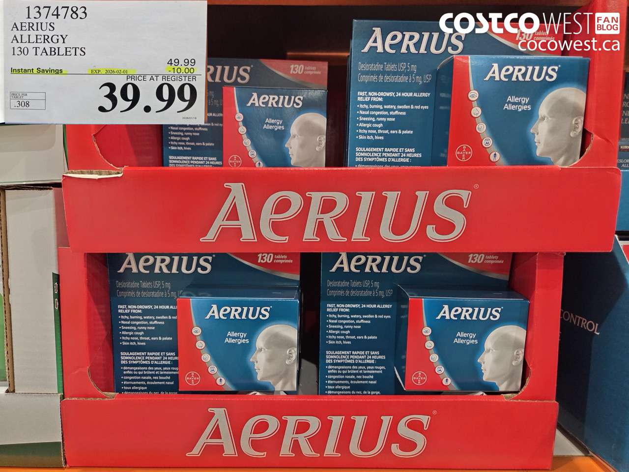 1374783 AERIUS ALLERGY 130 TABLETS ($10.00 INSTANT SAVINGS EXPIRES ON 2026-02-01) $39.99