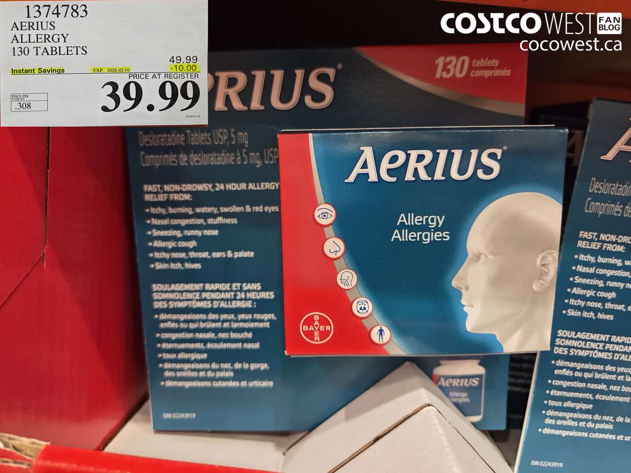1374783 AERIUS ALLERGY 130 TABLETS ($10.00 INSTANT SAVINGS EXPIRES ON 2026-02-01) $39.99