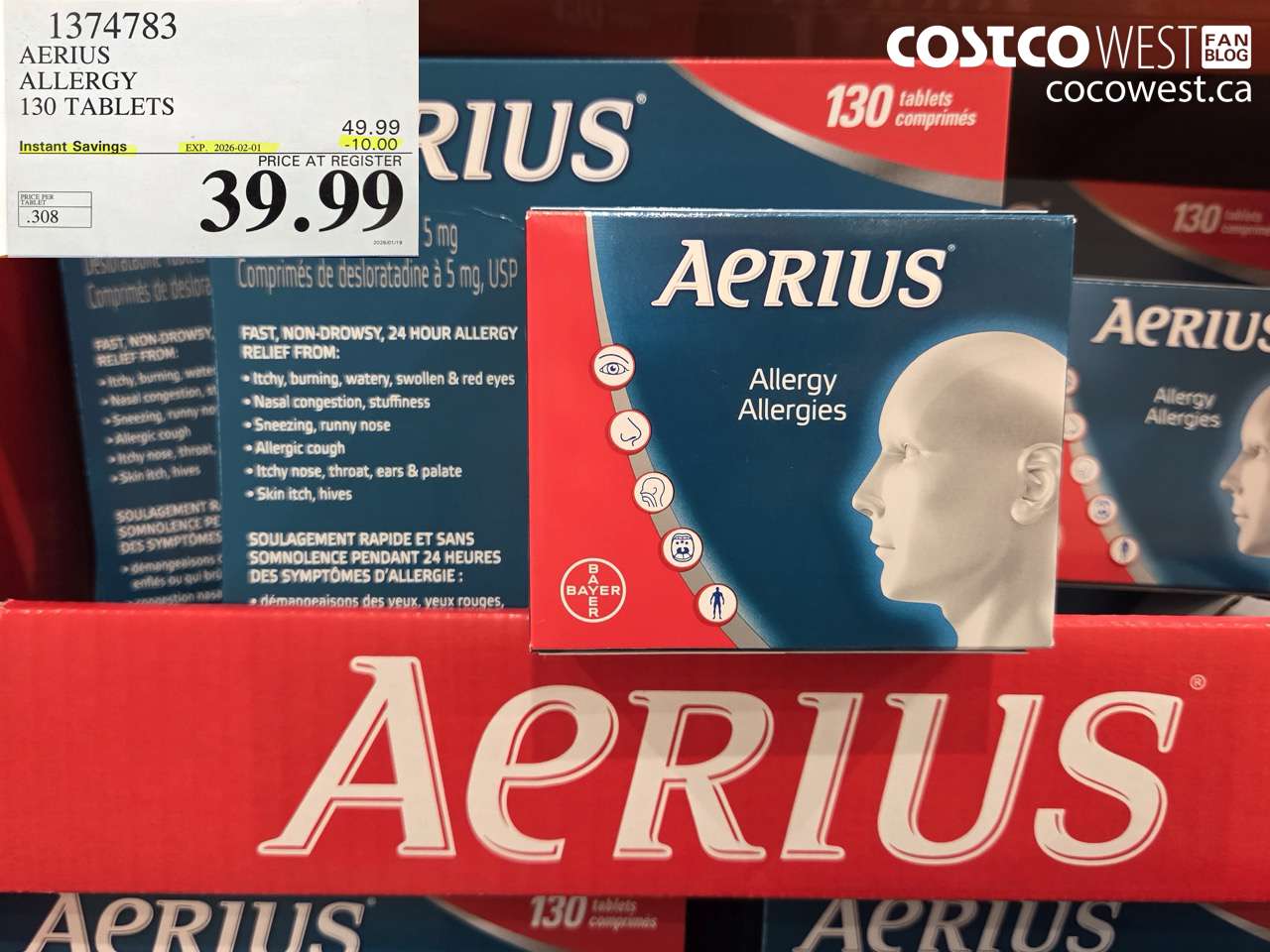 1374783 AERIUS ALLERGY 130 TABLETS ($10.00 INSTANT SAVINGS EXPIRES ON 2026-02-01) $39.99