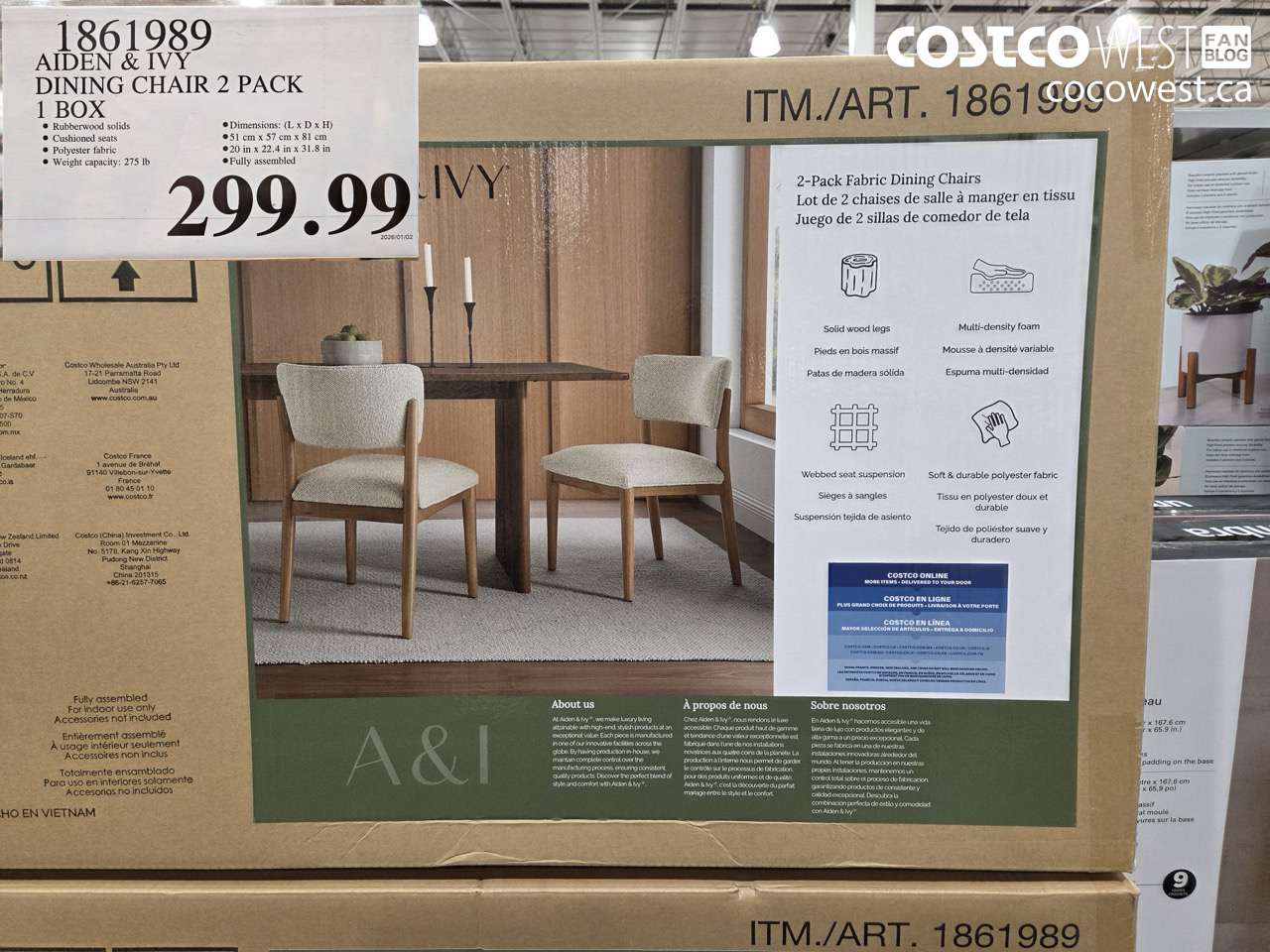 1861989 AIDEN & IVY DINING CHAIR 2 PACK 1 BOX $299.99