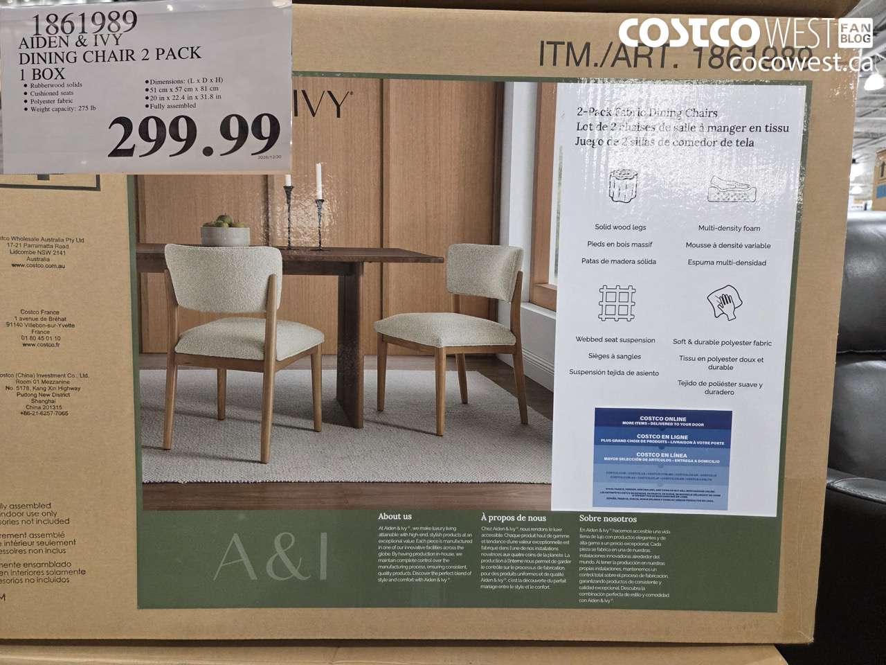 1861989 AIDEN & IVY DINING CHAIR 2 PACK 1 BOX $299.99