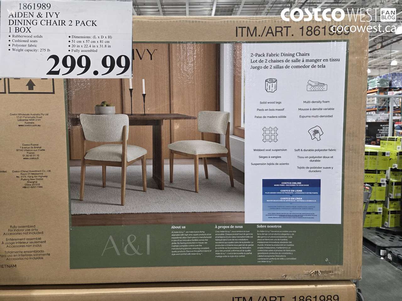 1861989 AIDEN & IVY DINING CHAIR 2 PACK 1 BOX $299.99