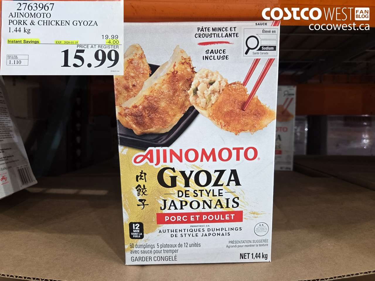 2763967 AJINOMOTO PORK & CHICKEN GYOZA 1.44 KG ($4.00 INSTANT SAVINGS EXPIRES ON 2026-01-18) $15.99