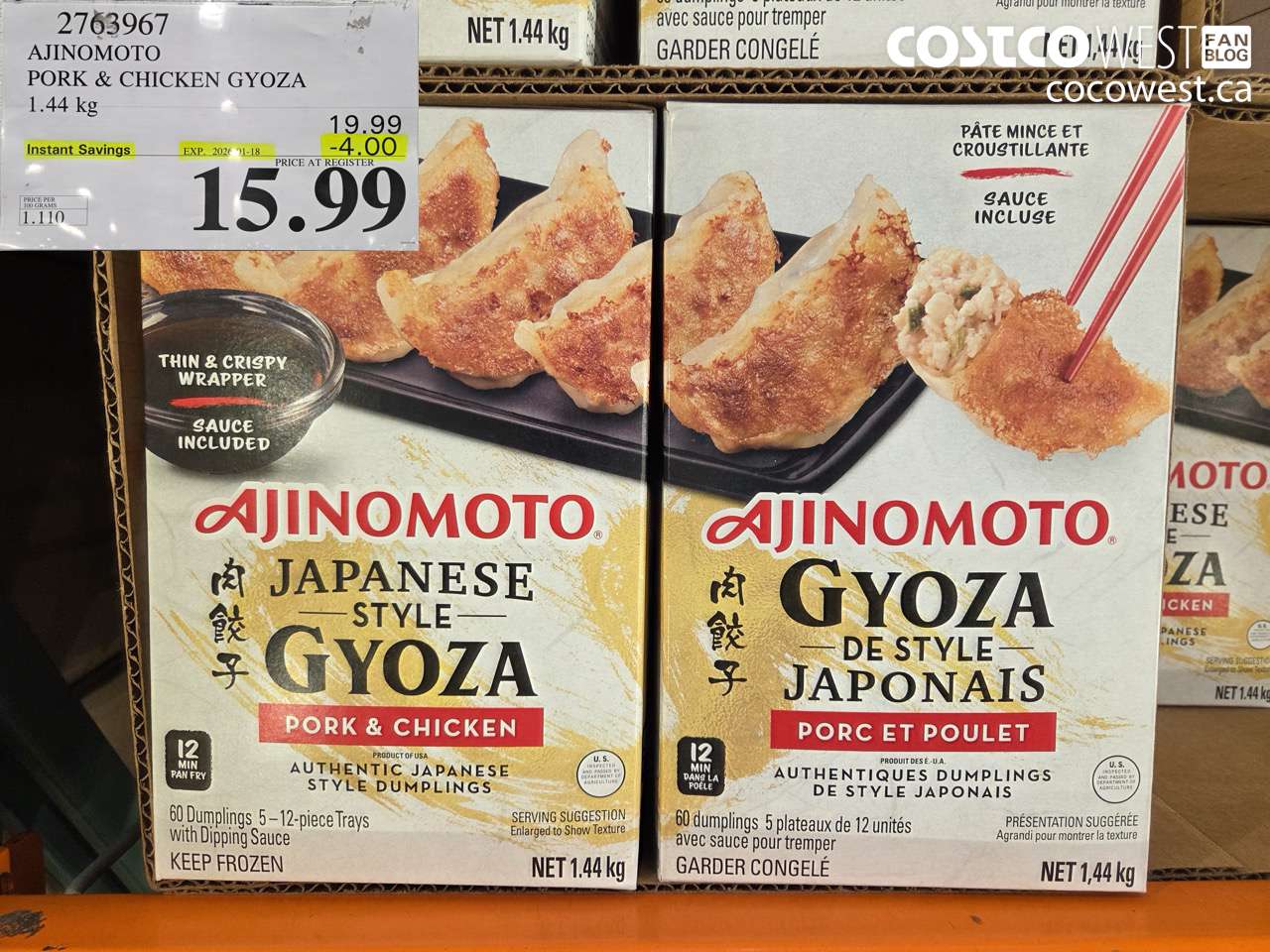 2763967 AJINOMOTO PORK & CHICKEN GYOZA 1.44 KG ($4.00 INSTANT SAVINGS EXPIRES ON 2026-01-18) $15.99