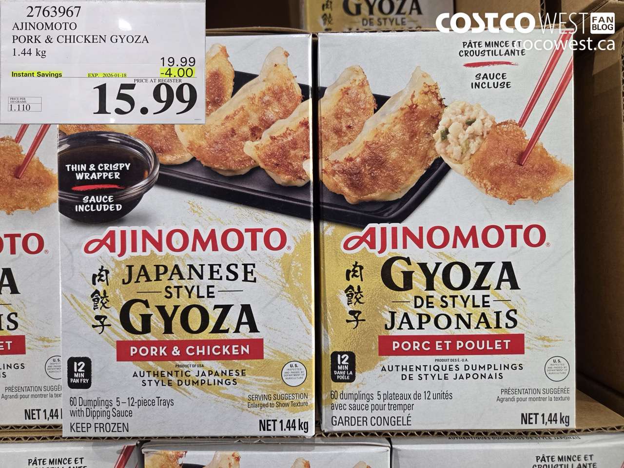2763967 AJINOMOTO PORK & CHICKEN GYOZA 1.44 KG ($4.00 INSTANT SAVINGS EXPIRES ON 2026-01-18) $15.99