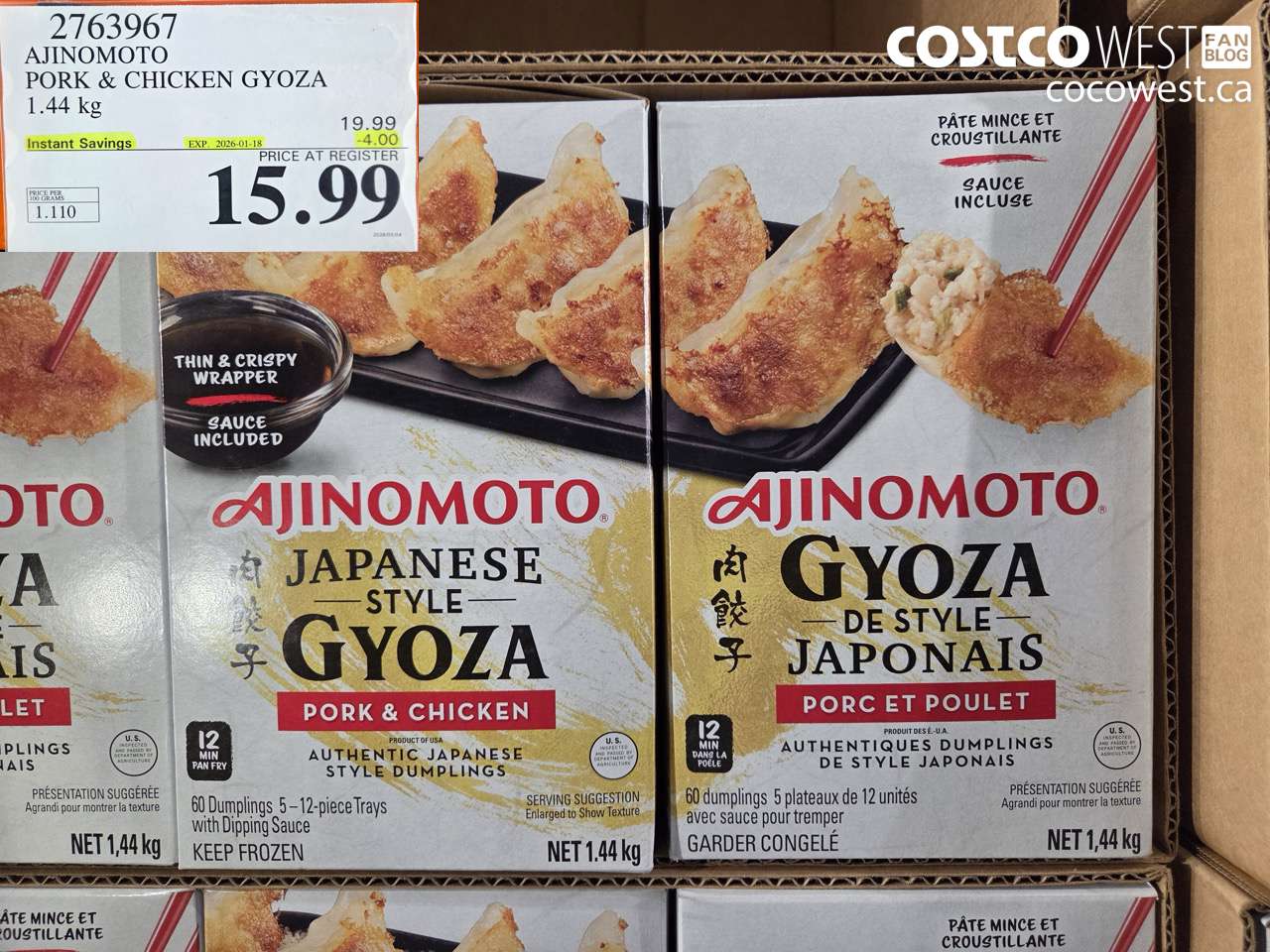 2763967 AJINOMOTO PORK & CHICKEN GYOZA 1.44 KG ($4.00 INSTANT SAVINGS EXPIRES ON 2026-01-18) $15.99