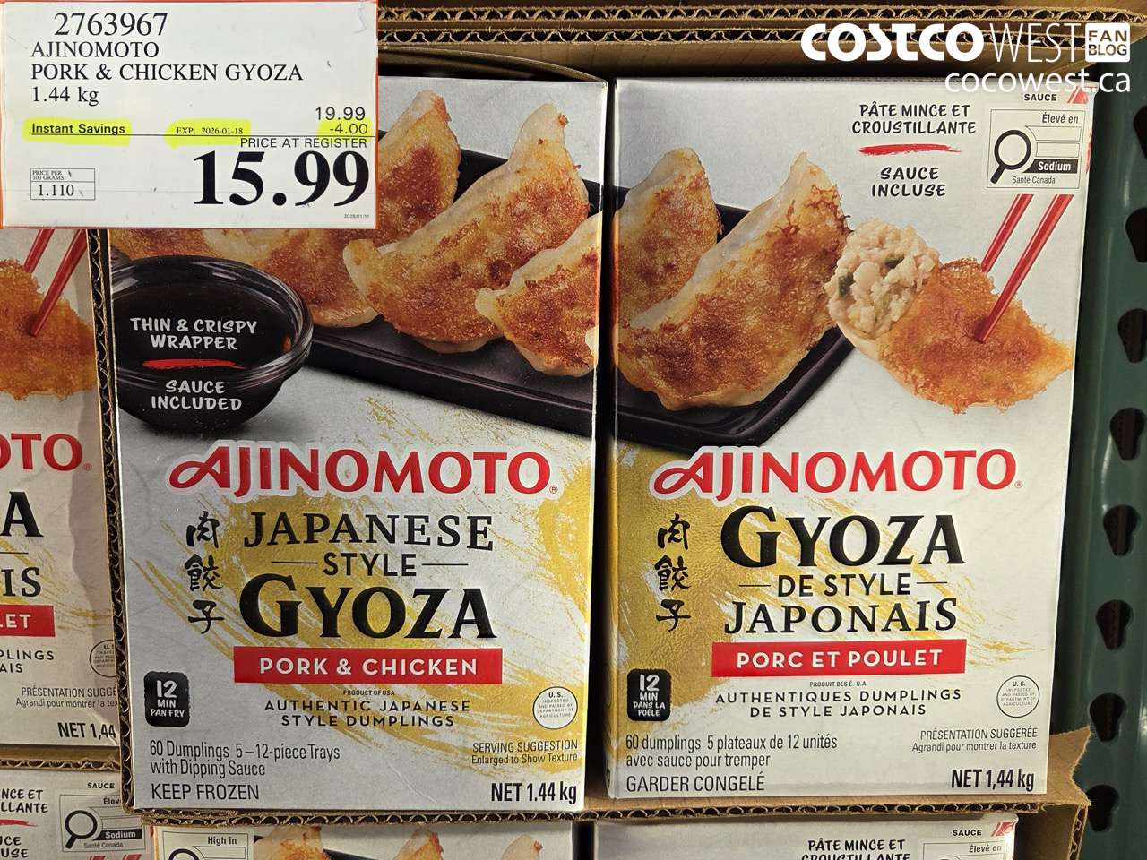 2763967 AJINOMOTO PORK & CHICKEN GYOZA 1.44 KG ($4.00 INSTANT SAVINGS EXPIRES ON 2026-01-18) $15.99