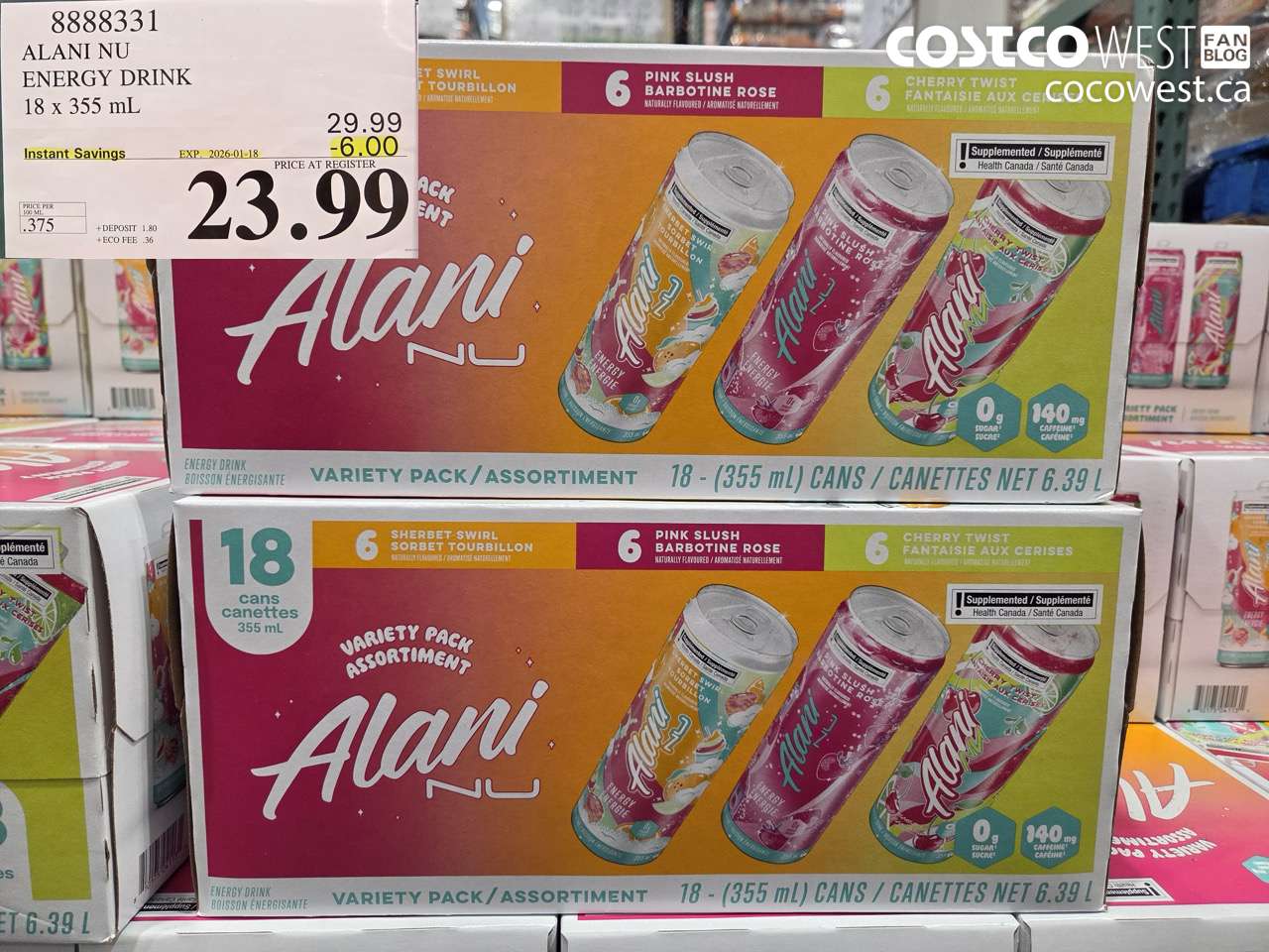 8888331 ALANI VARIETY V3 ENERGY DRINK 18 X 355ML ($6.00 INSTANT SAVINGS EXPIRES ON 2026-01-18) $23.99
