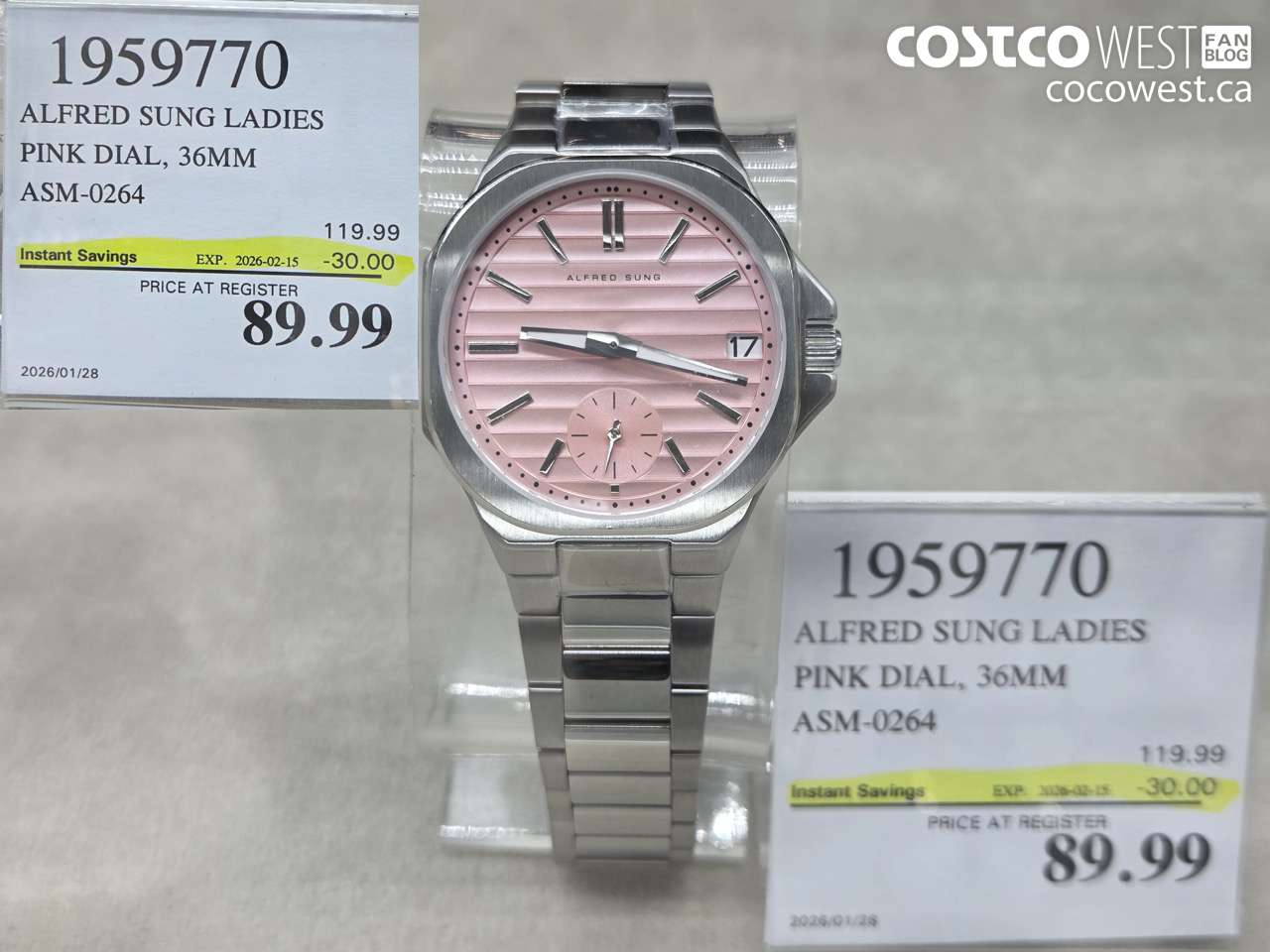 1959770 ALFRED SUNG LADIES PINK DIAL, 36MM ASM-0264 ($30.00 INSTANT SAVINGS EXPIRES ON 2026-02-15) $89.99