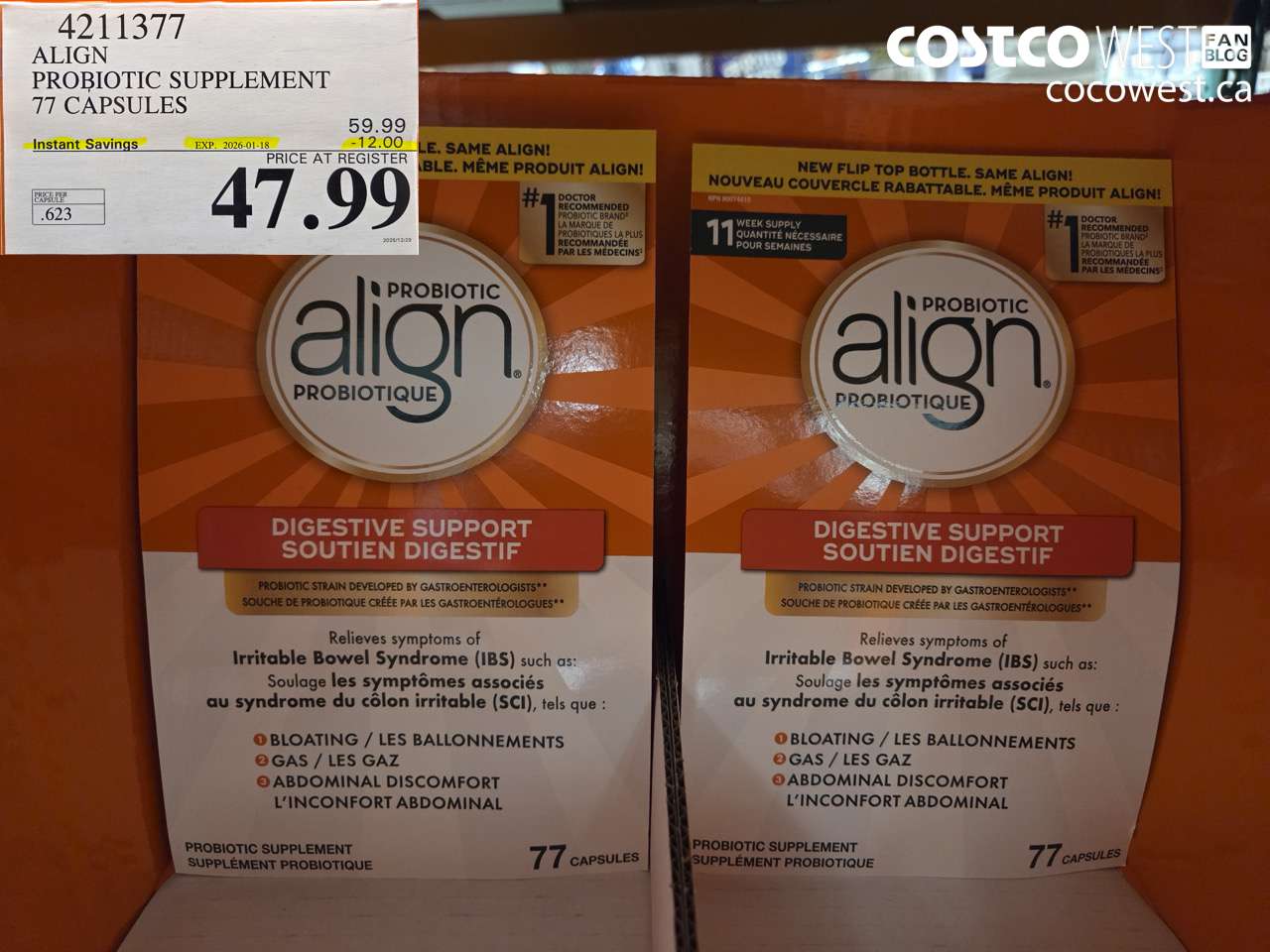 4211377 ALIGN PROBIOTIC SUPPLEMENT 77 CAPSULES ($12.00 INSTANT SAVINGS EXPIRES ON 2026-01-18) $47.99